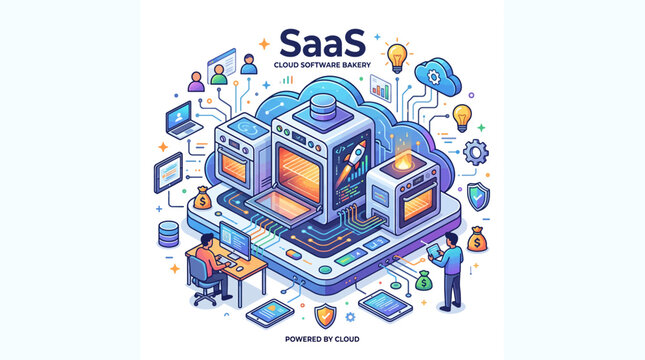 Vibrant isometric illustration depicting SaaS cloud computing infrastructure with data flow, servers, and users interacting with digital services.