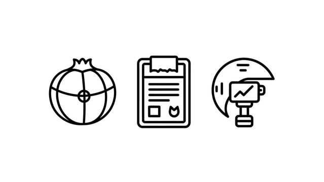 Food and business icons: pomegranate clipboard camera with content creation flat design element pomegranate nutrition healthy eating business document clipboard checklist agreement