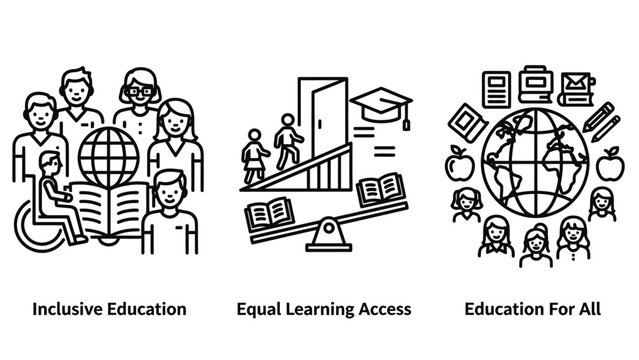 Set of icons representing inclusive education equal learning access education for all graduation cap education inclusive learning disability wheelchair diversity equality opportunity