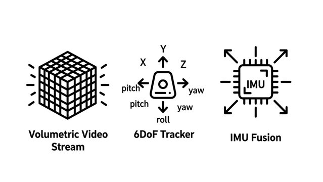 Volumetric stream 6do f tracker imu fusion icons with volumetric technology augmented tracking algorithm processing interface illustration collection development representation analysis