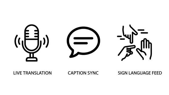 Communication icons: live translation caption sync sign language feed communication translation technology listening microphone interface language interpretation dialogue information