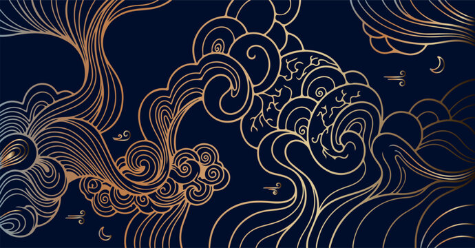 Asian inspired cloud swirls, luxury golden oriental illustration, elegant metallic wave art, premium gold tradition vector, sophisticated navy blue background, decorative hand drawn clouds, high-end z