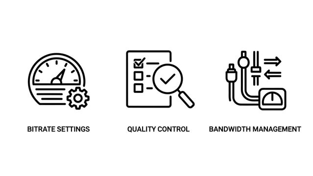 Bitrate settings quality control bandwidth management icons with magnifying glass settings menu settings speedometer checklist verification bandwidth management technology illustration