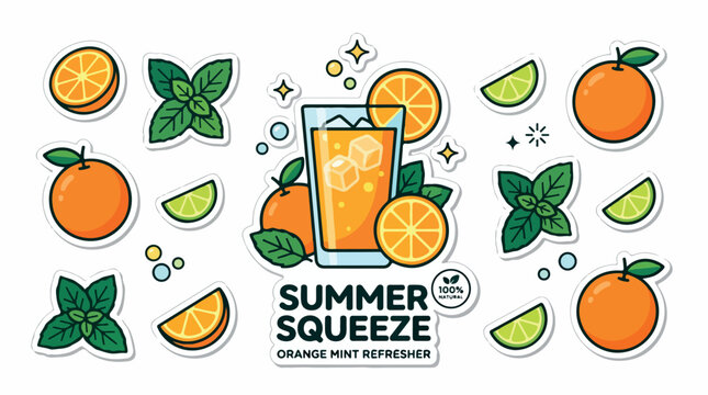 Summer Squeeze orange mint refresher sticker set, citrus fruit and juice glass vector icons, fresh orange and lime slices with mint leaves