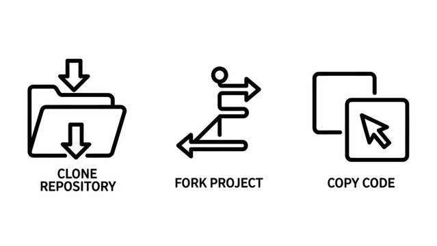 Software development icons: clone repository fork project copy code with repository software development programming version control collaboration bitbucket management workflow technology