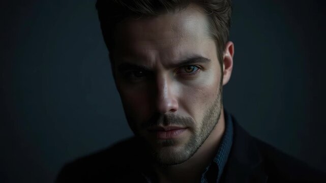 Young man portrait side profile stubble moody low light dramatic low key lighting intense