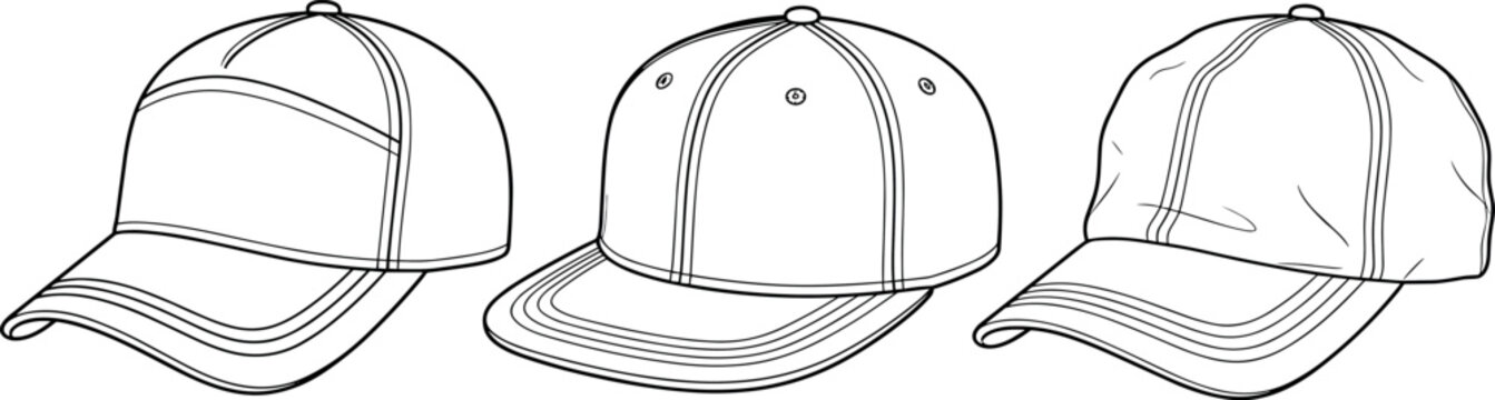 Collection of Three White Baseball Cap Vector Mockups Including Snapback and Classic Dad Hat Styles for Custom Branding Identity and Apparel Design Templates