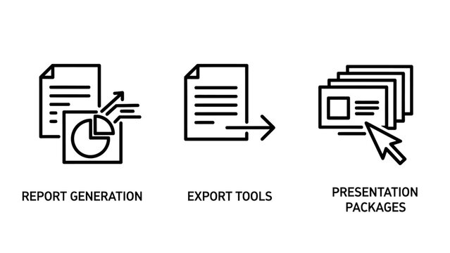 Report generation pie chart icon export tools document and presentation packages generation analysis statistics presentation packages document information business planning strategy