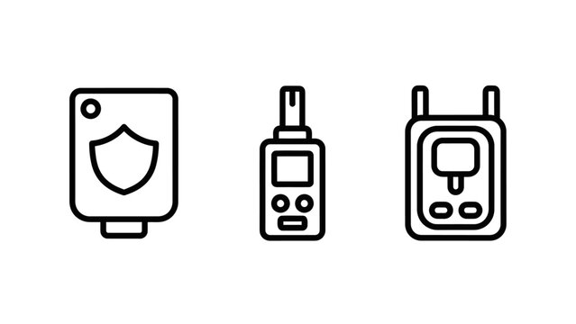 Icons representing security walkie-talkie data transfer with two way security protection communication handheld transfer connection connectivity wireless broadcast technology equipment
