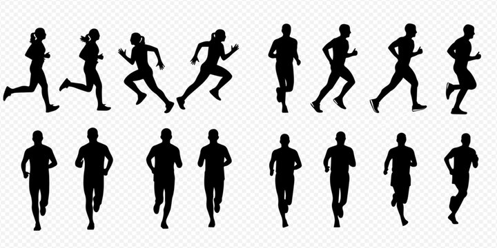Set of Running People Silhouettes in Various Poses, Dynamic Motion, and Active Lifestyle.