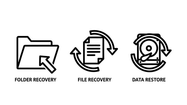 Data recovery and file restoration icons set with folder file hard drive repair symbols data restore lost data recovery process document management data loss digital asset line art