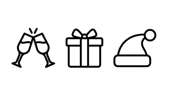 Festive christmas and new year celebration icons with champagne glasses gift box santa hat line art black and white design element icon set holiday icons party icons winter holidays christmas