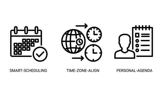 Smart scheduling global time zone management personal agenda planning icon set for business and productivity line art black and white calendar checklist organization planning internationa