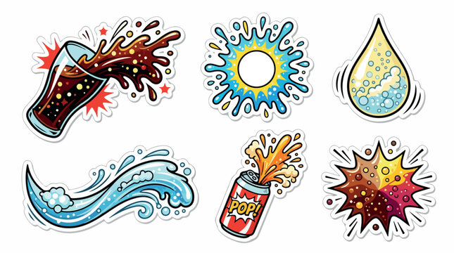 Pop art soda splash sticker set, comic style beverage liquid explosions, 6 cartoon drink elements with cola glass and fizzy can, vibrant water wave decals