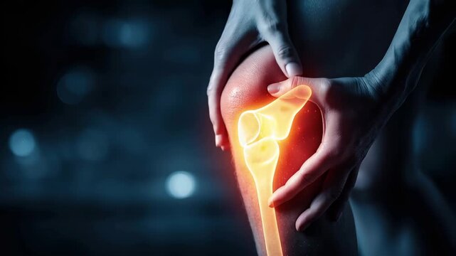 Person holds knee due to inflammation with glowing effect visible on joint in dark setting
