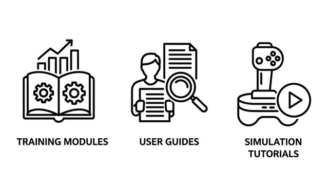 Training modules user guides simulation tutorials outline icons set with magnifying glass training simulation tutorials learning education instruction development documentation teaching