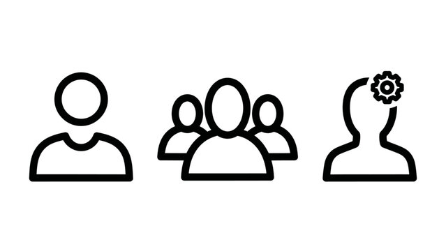 Outline icons representing individuals group of people person with gear for thinking or problem solving user interface individual thinking cogwheel community intelligence creativity