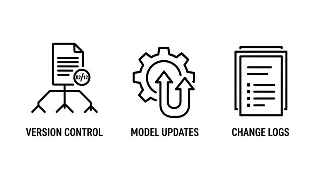 Software development process icons with version control model updates change logs for project management and data tracking bug fix software development tracking programming engineering