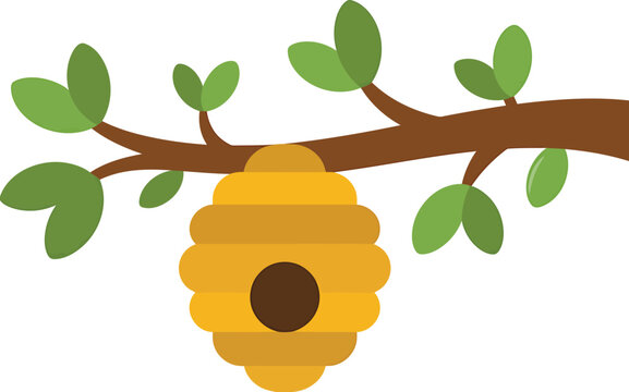 Beehive hanging on tree branch with leaves vector illustration,