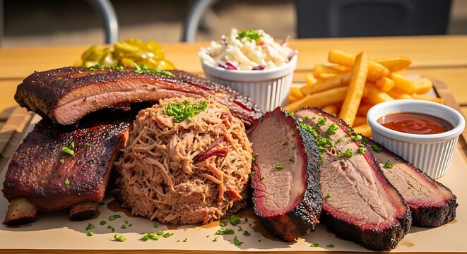 Delicious barbecue platter with ribs brisket pulled pork fries and sides