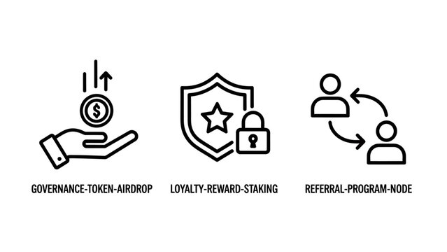 Blockchain governance and loyalty reward program icons set including airdrop staking and referral hub with governance referral cryptocurrency blockchain business investment security protection