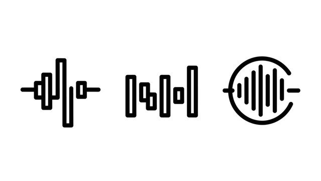 Audio waveform and sound frequency line icons for music and technology with frequency technology interface electronic heartbeat vibration acoustic collection spectrum equalizer analyzer
