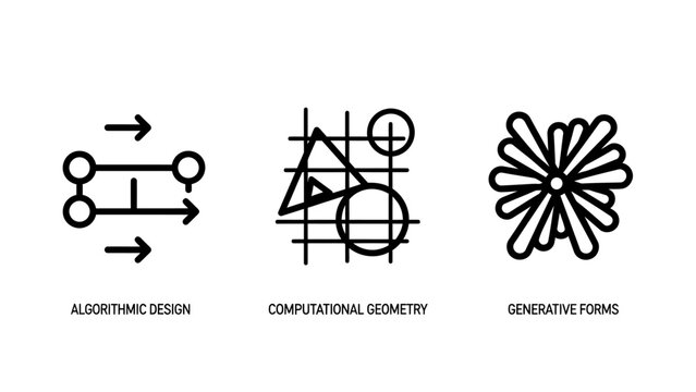 Modern design process icons illustrating algorithmic design computational geometry and generative forms for creative architectural workflows with algorithmic computational geometry generative