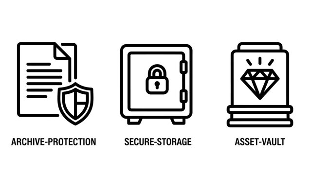 Set of security and asset protection line icons featuring archive protection secure storage safe and asset vault for financial data and valuables security protection document business interface