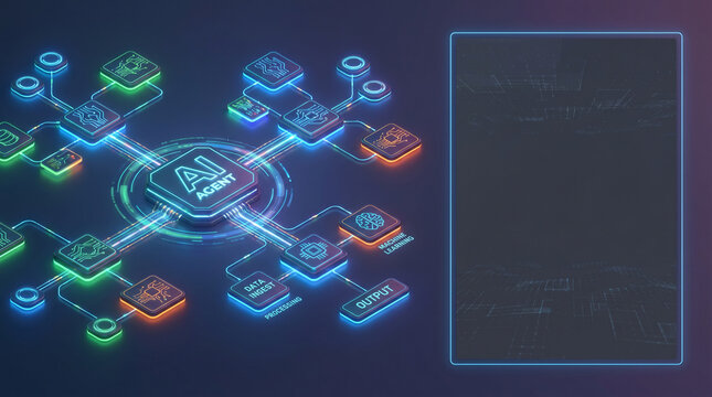 Futuristic AI agent core connected to cloud servers and neon data nodes, machine learning, neural network processing, secure data flow, artificial intelligence infrastructure, cyber technology 