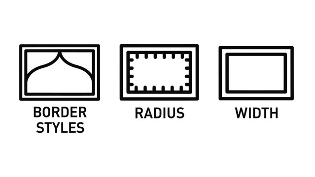 User interface design icons for web development showing border styles corner radius and line width adjustment tools for graphic design software with interface development software adjustment