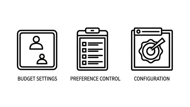 Set of business interface icons for budget settings preference control and system configuration on white background with settings preference configuration business management checklist clipboard