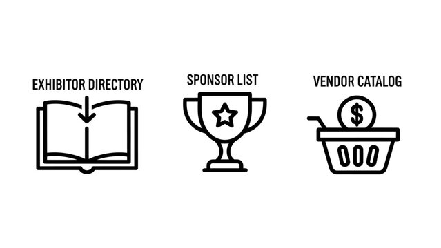 Exhibitor directory sponsor list and vendor catalogs icons with exhibitor directory business commerce shopping marketing logistics management corporate collection information organized