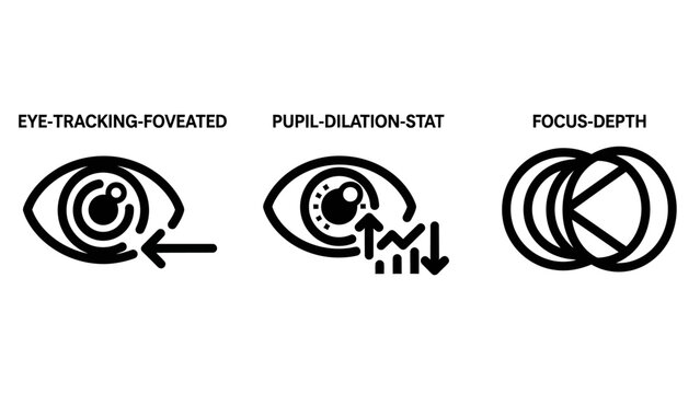 Eye tracking pupil dilation and focus depth icons with tracking dilation analysis biometrics technology research statistics interface visionary measurement detection awareness innovation