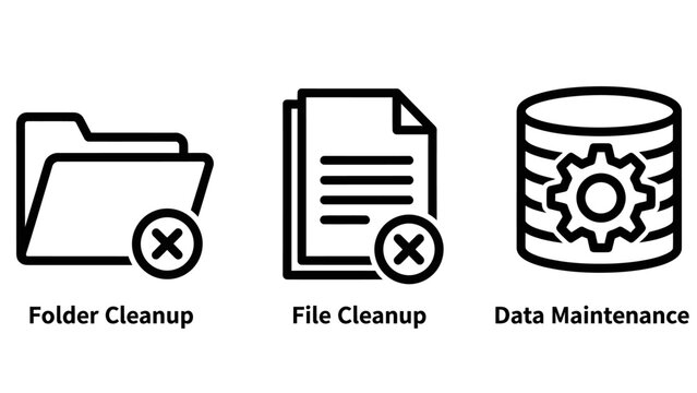 Data maintenance and file management icon set featuring folder cleanup file deletion and database optimization graphics maintenance database management optimization organization information