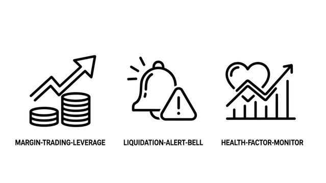 Cryptocurrency and stock trading icons representing margin leverage with coins and arrow liquidation alert bell with a warning sign a health factor monitor with heart and chart cryptocurrency