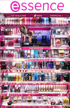 Iserlohn, Germany &mdash; May 08 2026: essence cosmetics products displayed on shelves inside Kaufland supermarket in Iserlohn
