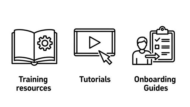 Corporate training and employee onboarding icons including digital tutorials manual resources and guide documentation for professional skill development with training resources tutorials onboarding