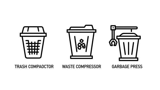Waste management and sanitation technology icons depicting trash compactor waste compressor and mechanical garbage press systems for recycling efficiency with compactor compressor recycling