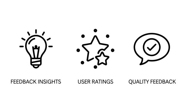 Feedback insights user ratings and quality assurance line icons with feedback lightbulb interface graphics pictogram minimalist software application customer satisfaction approval