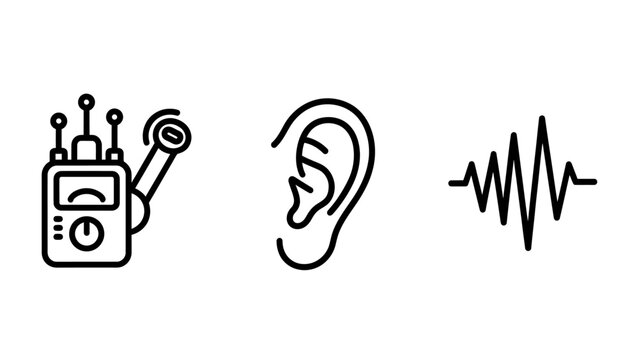 Set of linear icons representing hearing and auditory frequency technology with hearing aid auditory frequency listening analysis technology monitoring measurement electronics detection