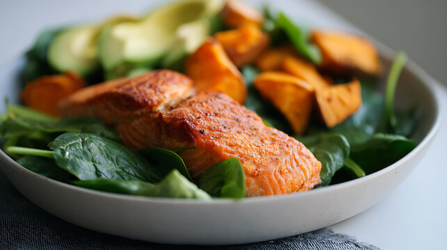 Healthy Salmon Bowl with Fresh Green Spinach, Sweet Potato, and Avocado Slices &ndash; Nutritious Home Cooked Meal in a White Ceramic Dish
