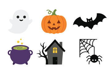 Obraz premium Cute Halloween element set collection with ghost pumpkin bat spider and haunted house in flat vector style