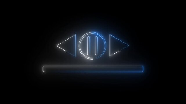 Neon video, audio play baton icon on black background.  Glowing neon blue and white color play baton icon animation.