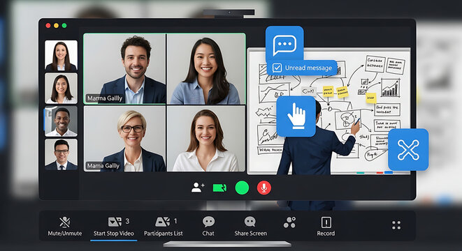 Virtual video conference interface with diverse team panel.