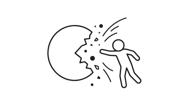 Explosion bomb icon with planet and falling debris dots, minimal line art symbol for danger and blast concept