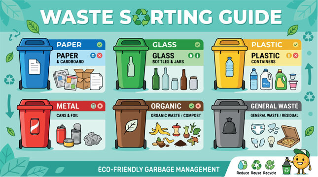 Waste sorting guide infographic with colorful recycling bins, eco-friendly garbage management poster, flat vector illustration for sustainability