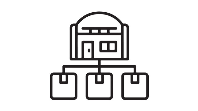 Server rack icon with storefront-like computer building and three storage drawers, simple line art on white background