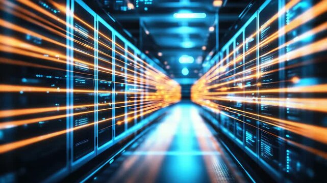 Modern data center illuminated by blue and orange hues, showcasing rows of servers and racks