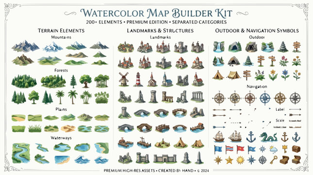 Watercolor map builder kit with 200 plus elements, vintage fantasy cartography assets, terrain landmarks and navigation symbols vector set