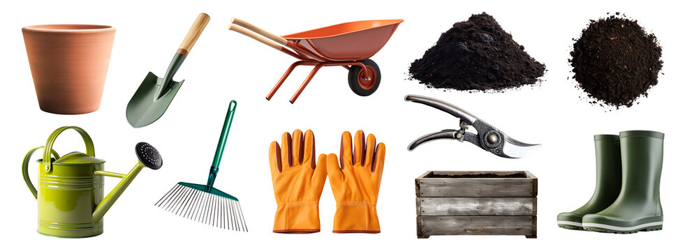 Set of planting gardening farming tool kit equipment, watering can, rake shovel spade, rubber boots, fertiliser soil, pruning shears, wheelbarrow, glove, garden bed pot, transparent cutout PNG mockup